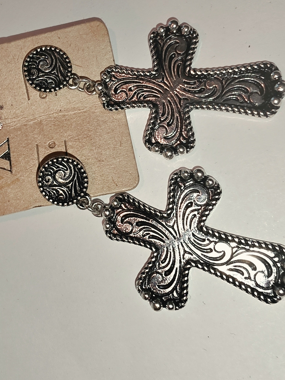 Vintage-Style Silver Filigree Cross Dangle Earrings
